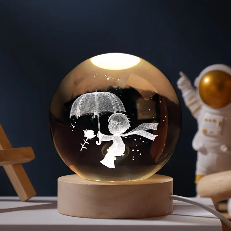 LED Glass Sphere Desk Lamp with 3D Laser-Etched Design on Wood Base | Night Light for Bedside, Living Room & Kids' Bedroom Décor | USB | Thomler