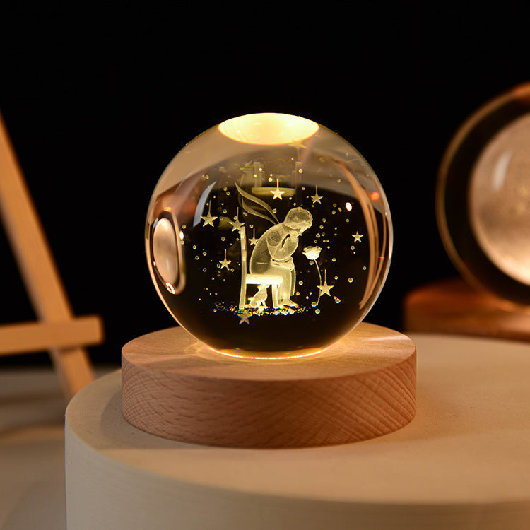 LED Glass Sphere Desk Lamp with 3D Laser-Etched Design on Wood Base | Night Light for Bedside, Living Room & Kids' Bedroom Décor | USB | Thomler