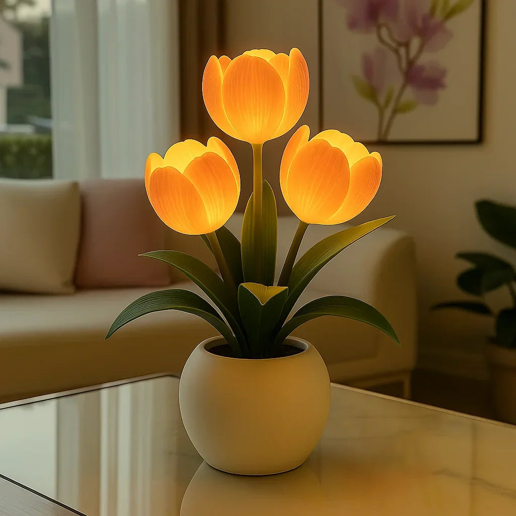 LED Tulip Flower Night Light with Vase – 5-Level Dimmable Decorative Accent Lamp for Bedroom, Living Room & Office | Thomler