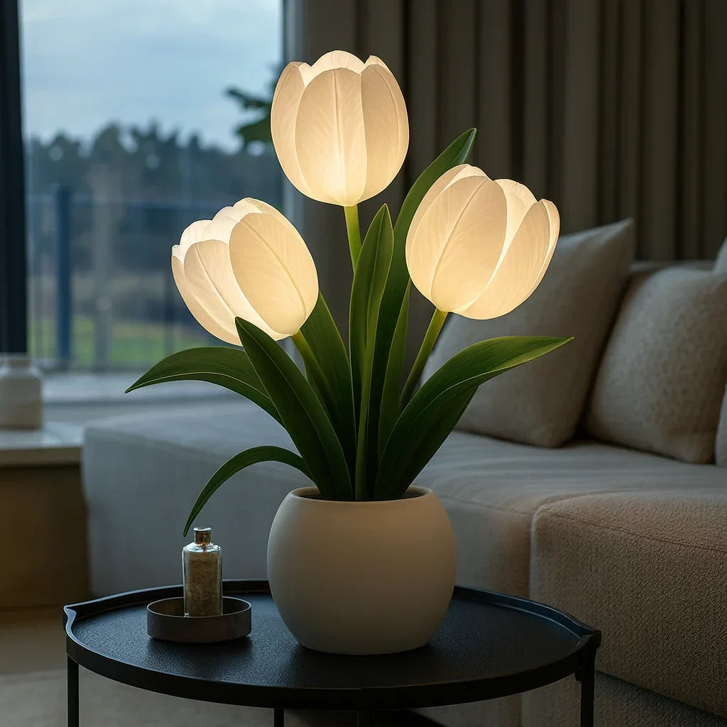 LED Tulip Flower Night Light with Vase – 5-Level Dimmable Decorative Accent Lamp for Bedroom, Living Room & Office | Thomler