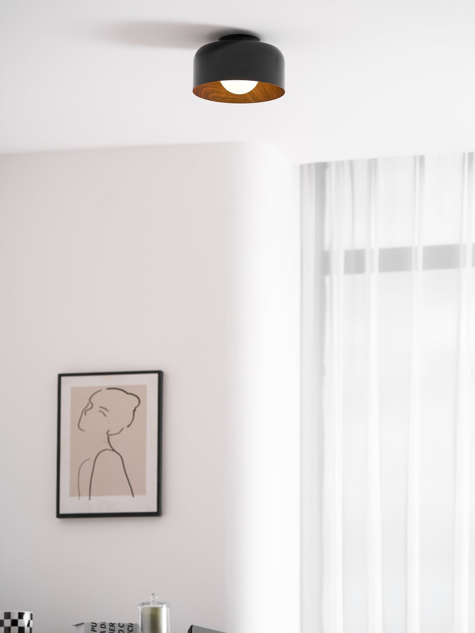 Metal and Glass Ceiling Light 8.7 in Dia Modern Indoor Hallway Bedroom Lighting Fixture Wood Grain Interior | Thomler