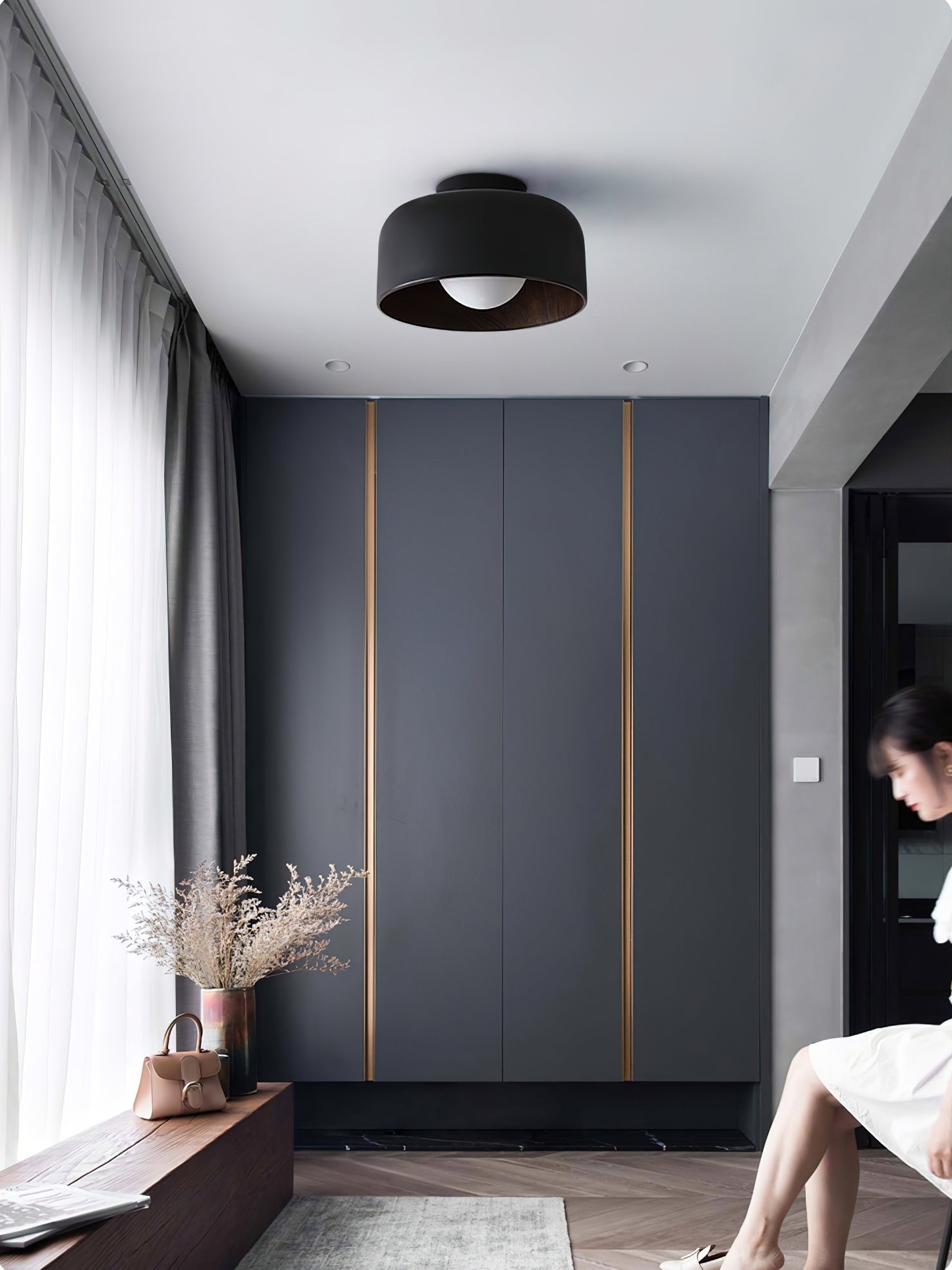Metal and Glass Ceiling Light 8.7 in Dia Modern Indoor Hallway Bedroom Lighting Fixture Wood Grain Interior | Thomler