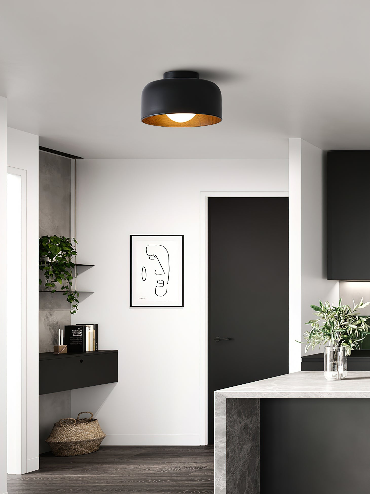 Metal and Glass Ceiling Light 8.7 in Dia Modern Indoor Hallway Bedroom Lighting Fixture Wood Grain Interior | Thomler