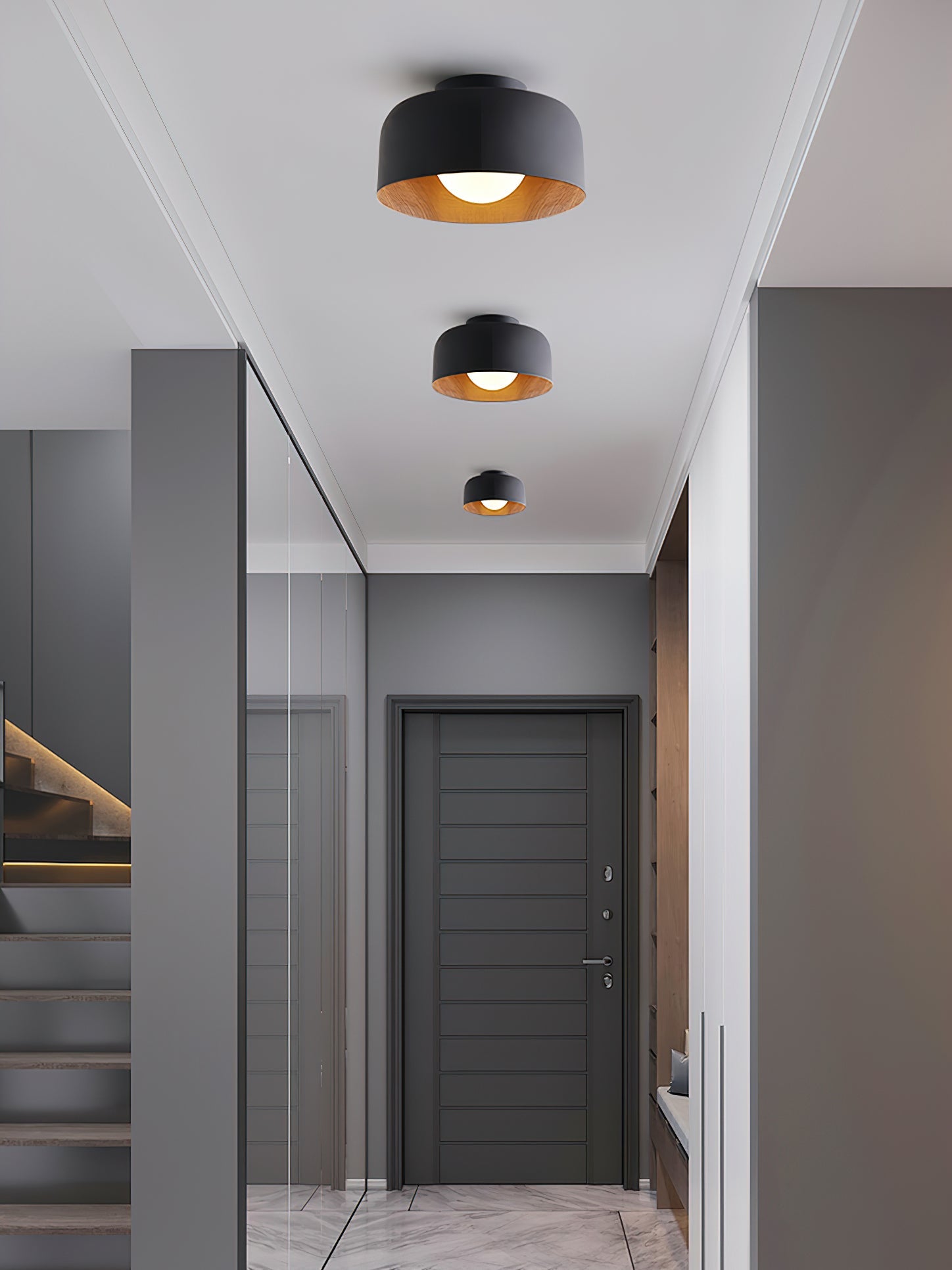 Metal and Glass Ceiling Light 8.7 in Dia Modern Indoor Hallway Bedroom Lighting Fixture Wood Grain Interior | Thomler