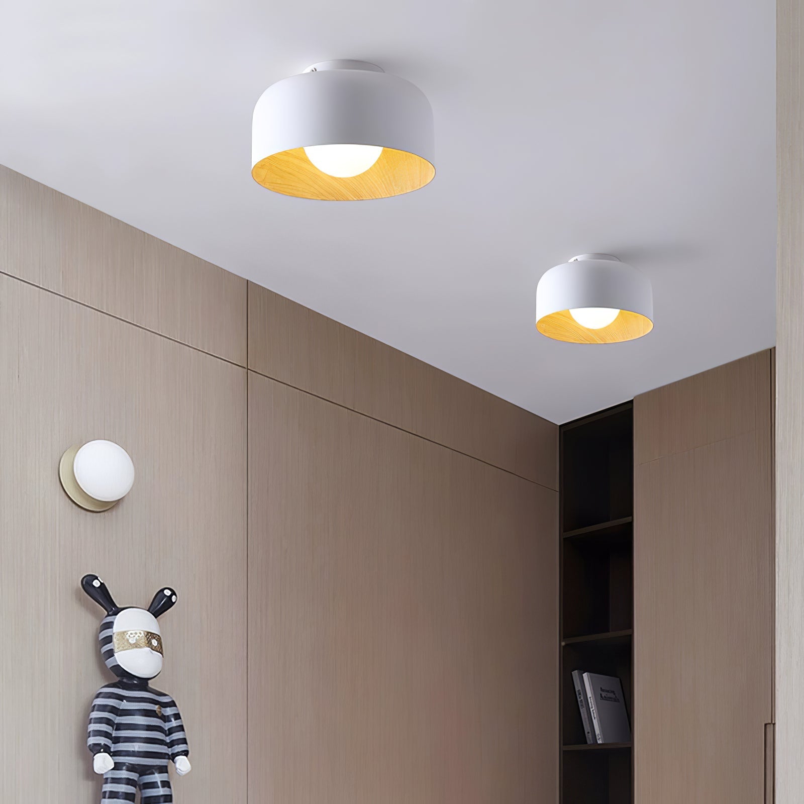 Metal and Glass Ceiling Light 8.7 in Dia Modern Indoor Hallway Bedroom Lighting Fixture Wood Grain Interior | Thomler