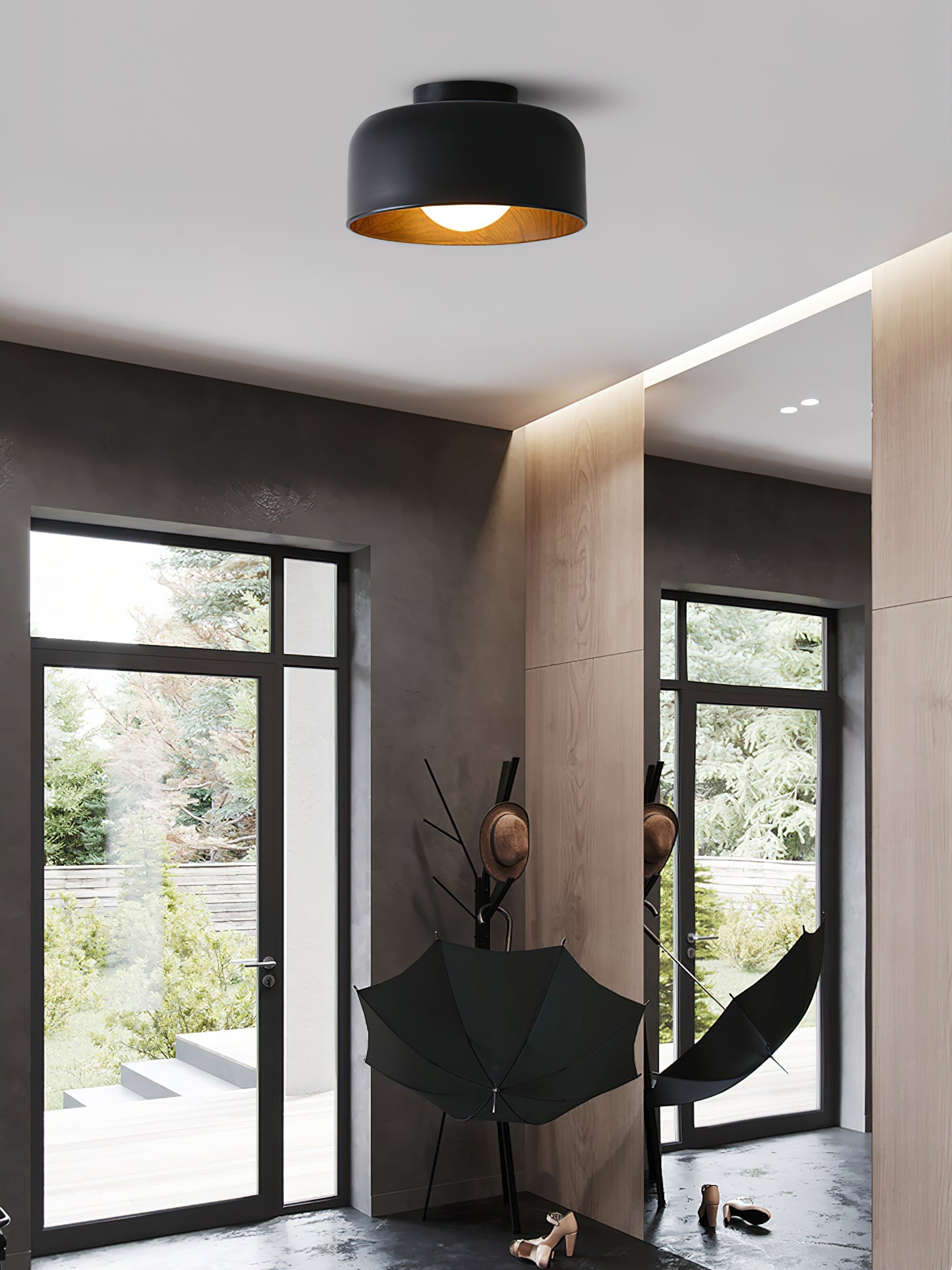 Metal and Glass Ceiling Light 8.7 in Dia Modern Indoor Hallway Bedroom Lighting Fixture Wood Grain Interior | Thomler