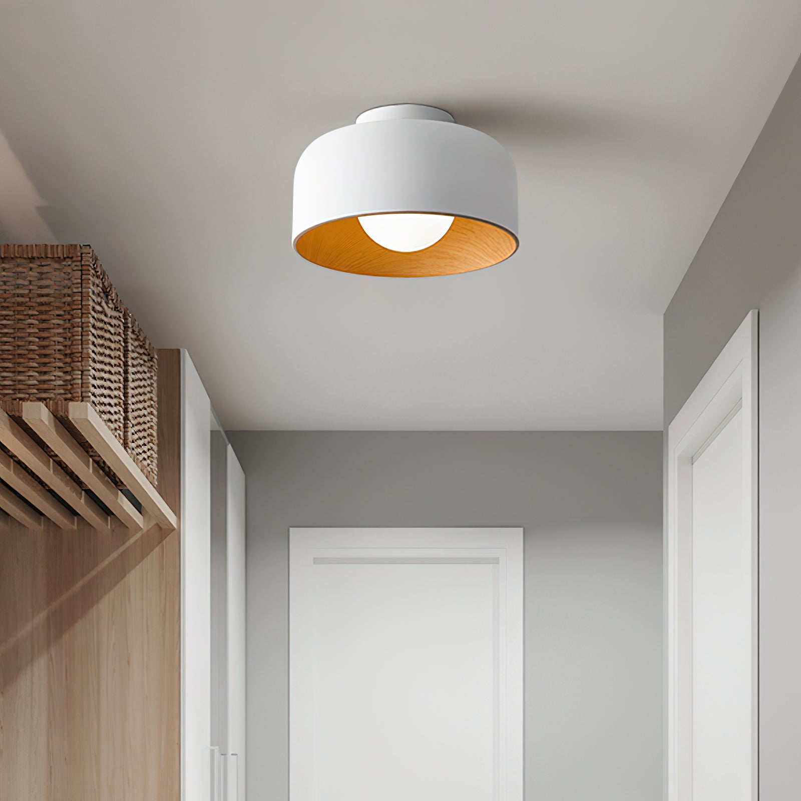 Metal and Glass Ceiling Light 8.7 in Dia Modern Indoor Hallway Bedroom Lighting Fixture Wood Grain Interior | Thomler