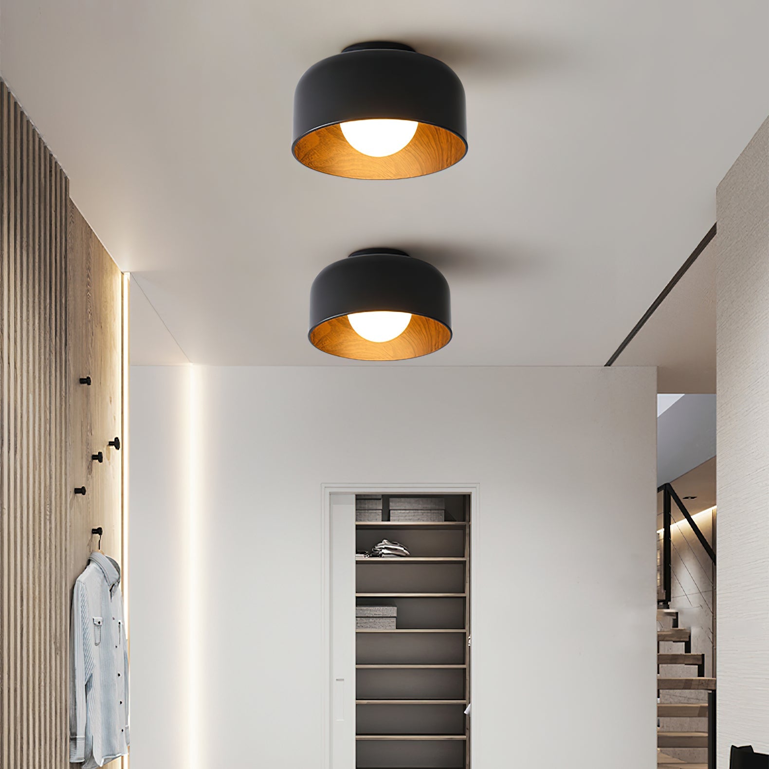 Metal and Glass Ceiling Light 8.7 in Dia Modern Indoor Hallway Bedroom Lighting Fixture Wood Grain Interior | Thomler