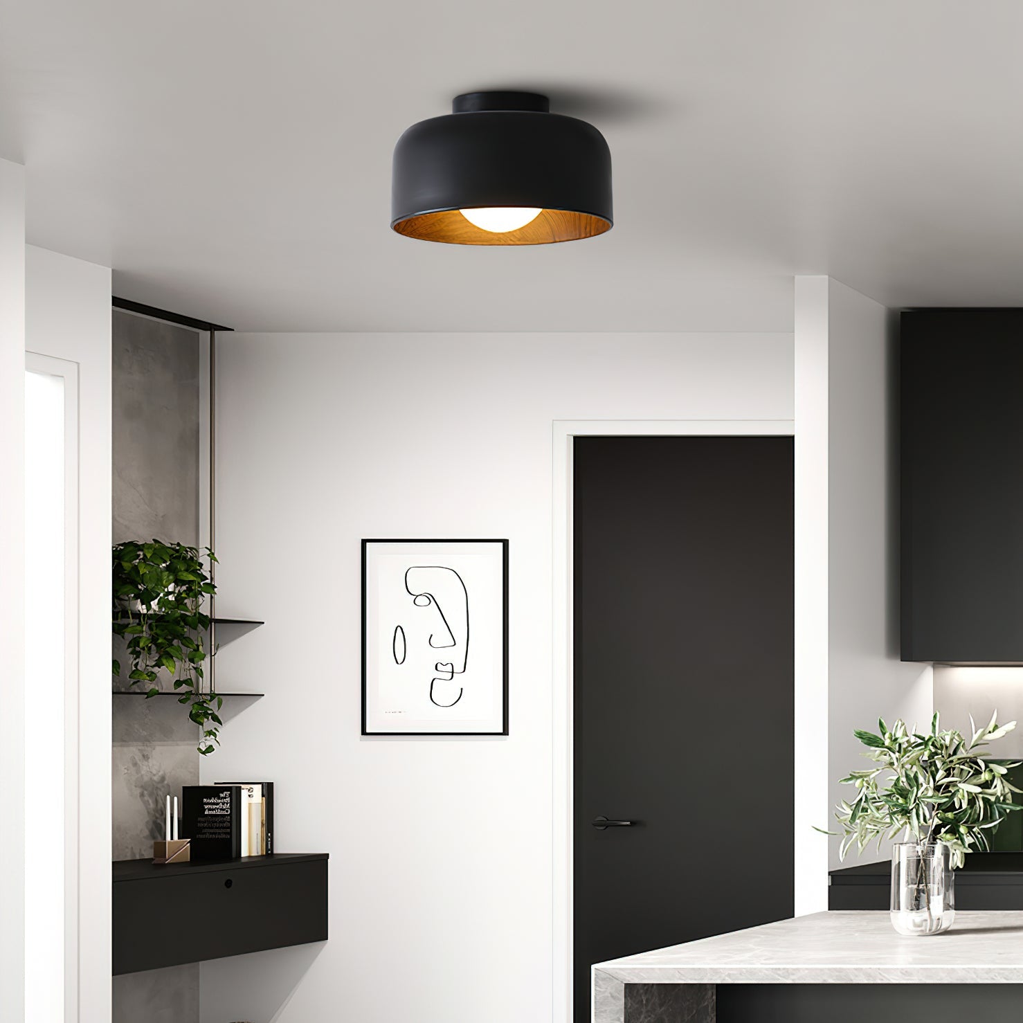 Metal and Glass Ceiling Light 8.7 in Dia Modern Indoor Hallway Bedroom Lighting Fixture Wood Grain Interior | Thomler
