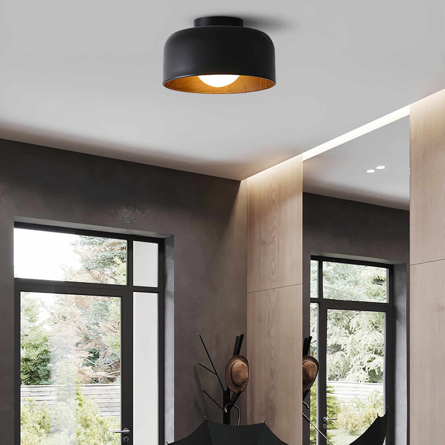 Metal and Glass Ceiling Light 8.7 in Dia Modern Indoor Hallway Bedroom Lighting Fixture Wood Grain Interior | Thomler
