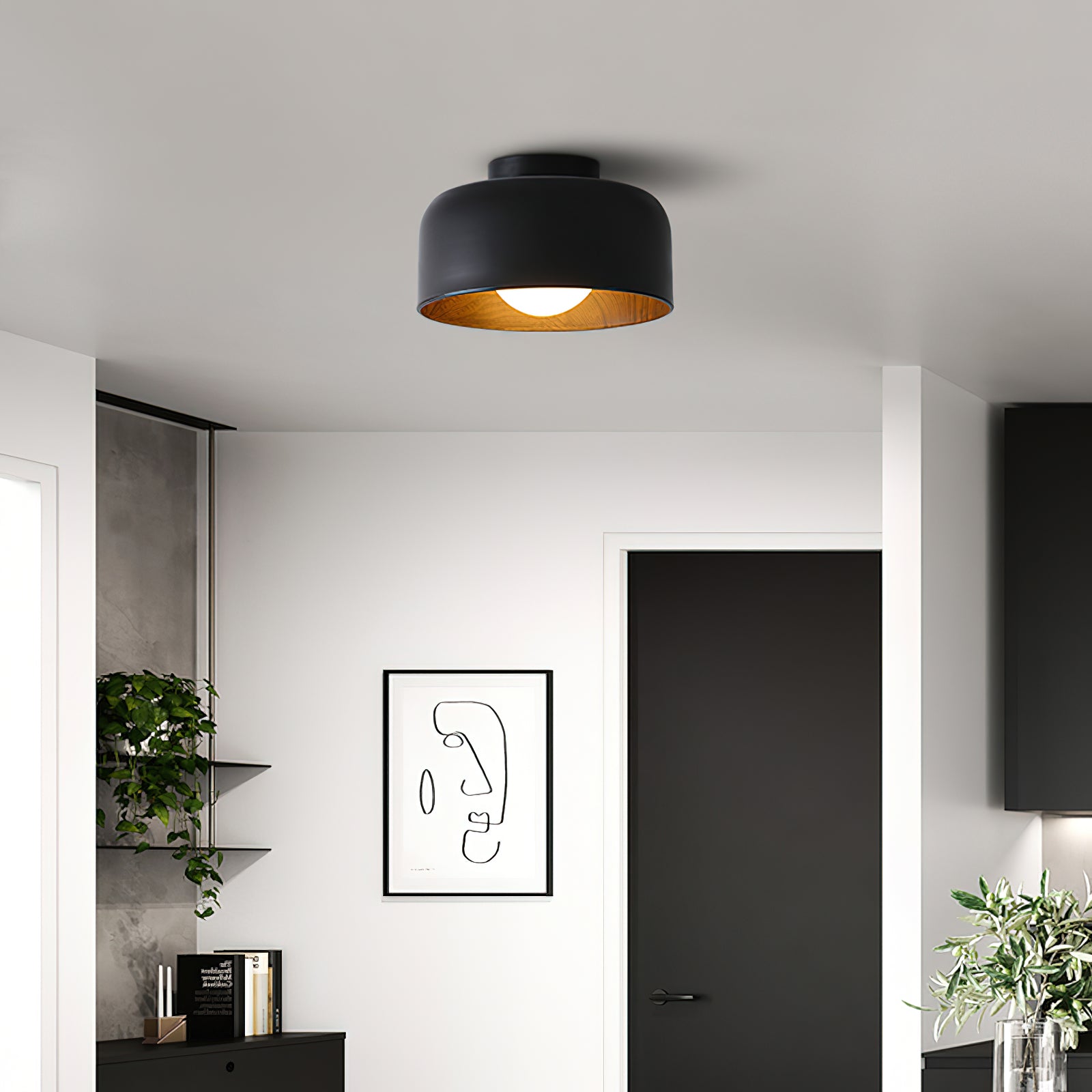 Metal and Glass Ceiling Light 8.7 in Dia Modern Indoor Hallway Bedroom Lighting Fixture Wood Grain Interior | Thomler