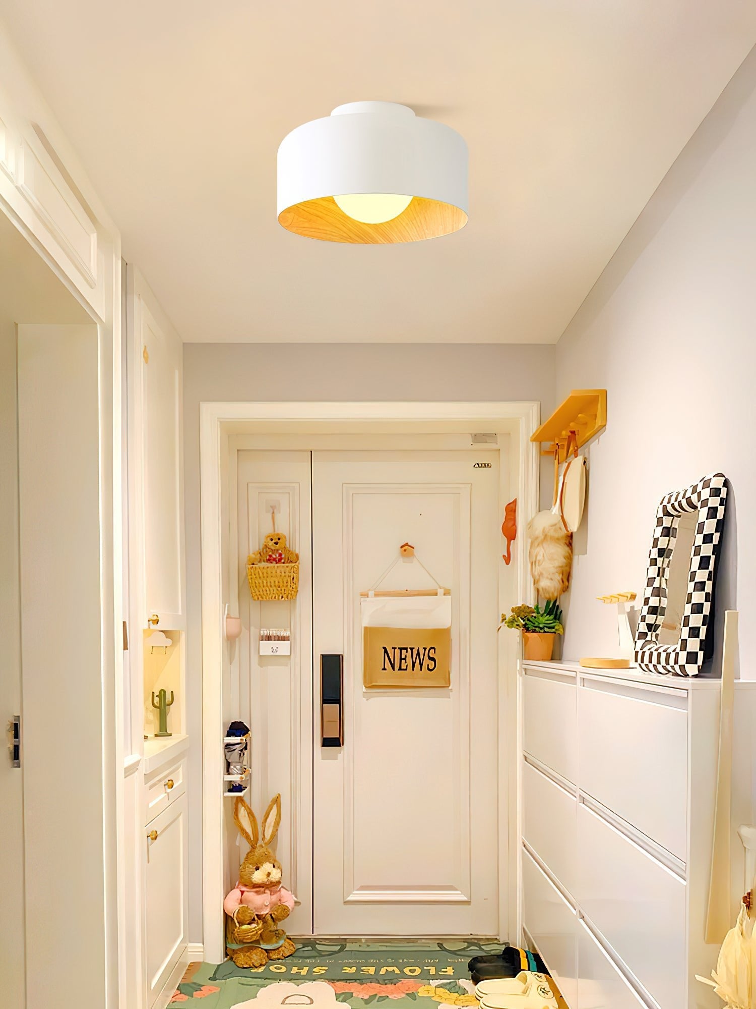 Metal and Glass Ceiling Light 8.7 in Dia Modern Indoor Hallway Bedroom Lighting Fixture Wood Grain Interior | Thomler