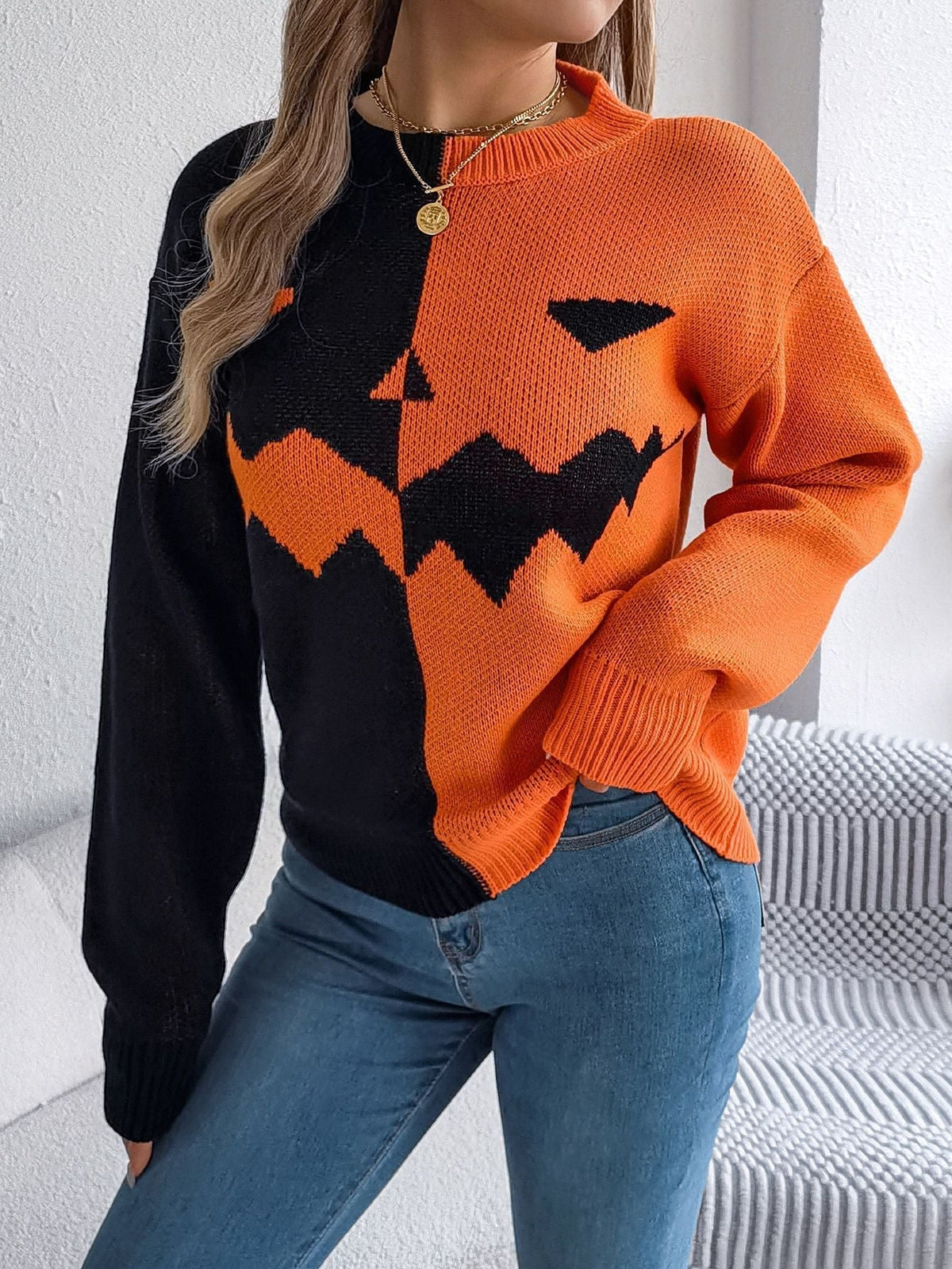 Halloween Pumpkin Knit Pullover Sweater with Ribbed Trim – Mid-Length Top for Women | Thomler