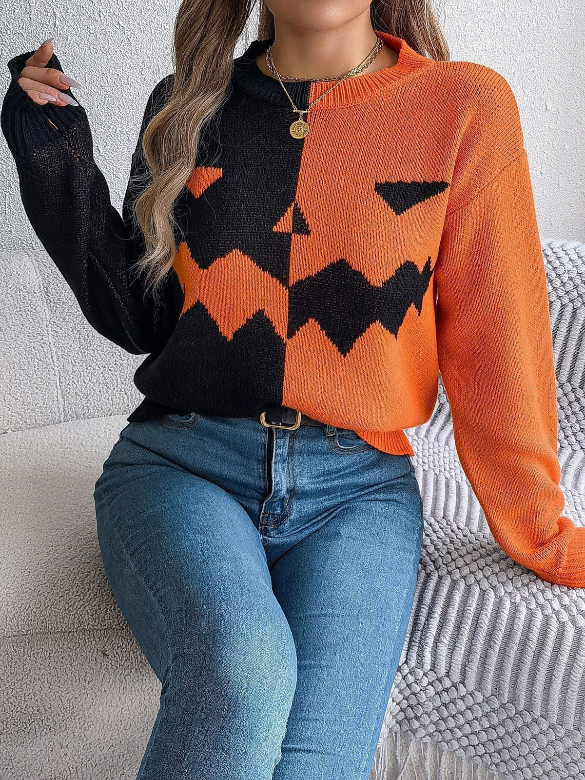Halloween Pumpkin Knit Pullover Sweater with Ribbed Trim – Mid-Length Top for Women | Thomler