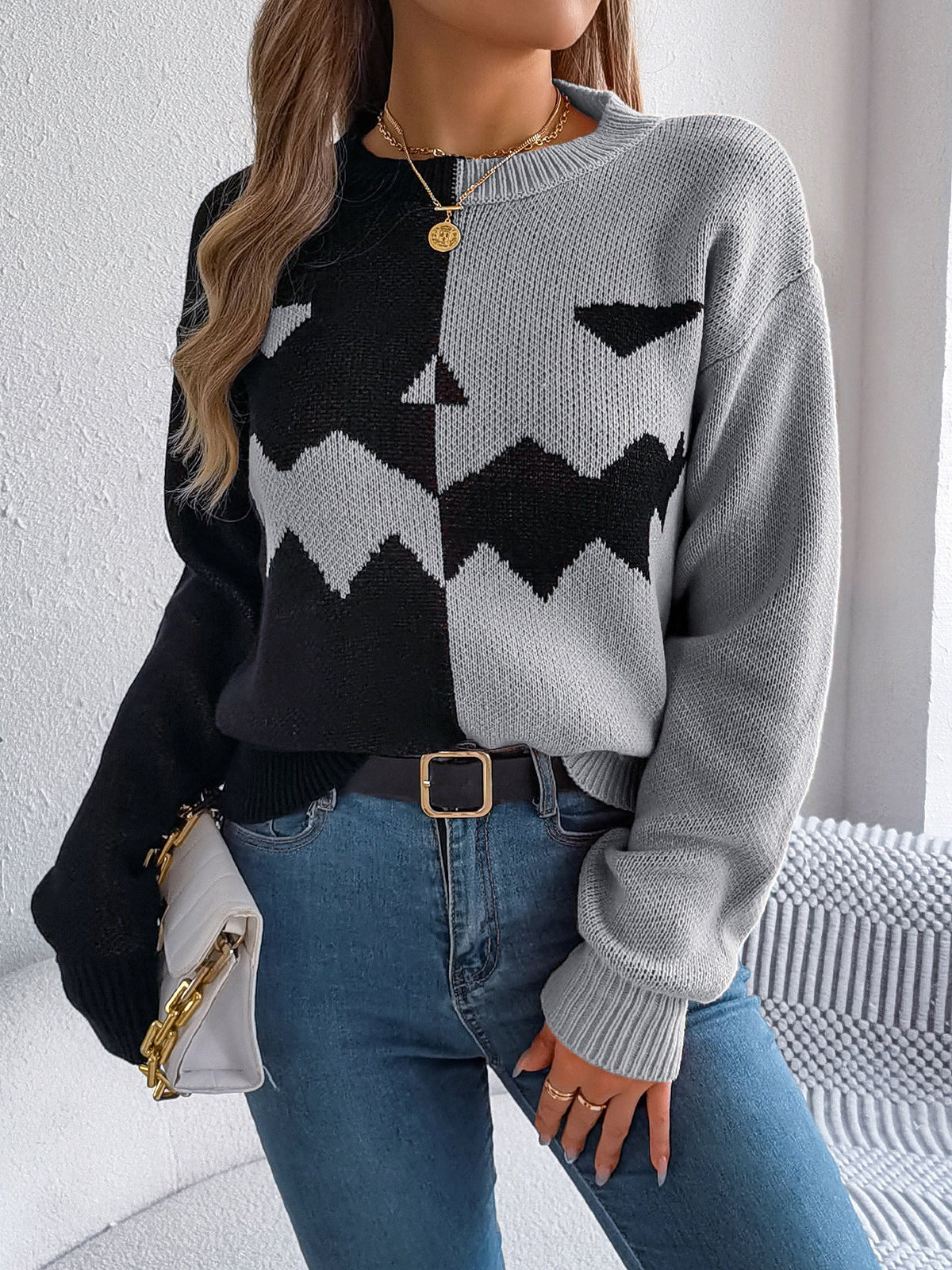 Halloween Pumpkin Knit Pullover Sweater with Ribbed Trim – Mid-Length Top for Women | Thomler