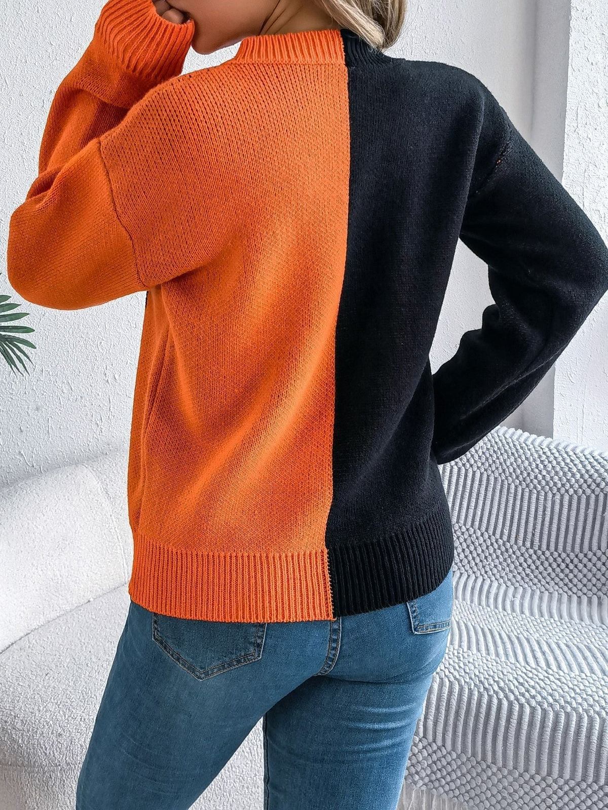 Halloween Pumpkin Knit Pullover Sweater with Ribbed Trim – Mid-Length Top for Women | Thomler