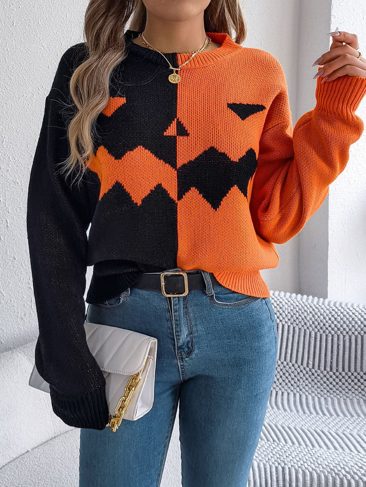 Halloween Pumpkin Knit Pullover Sweater with Ribbed Trim – Mid-Length Top for Women | Thomler