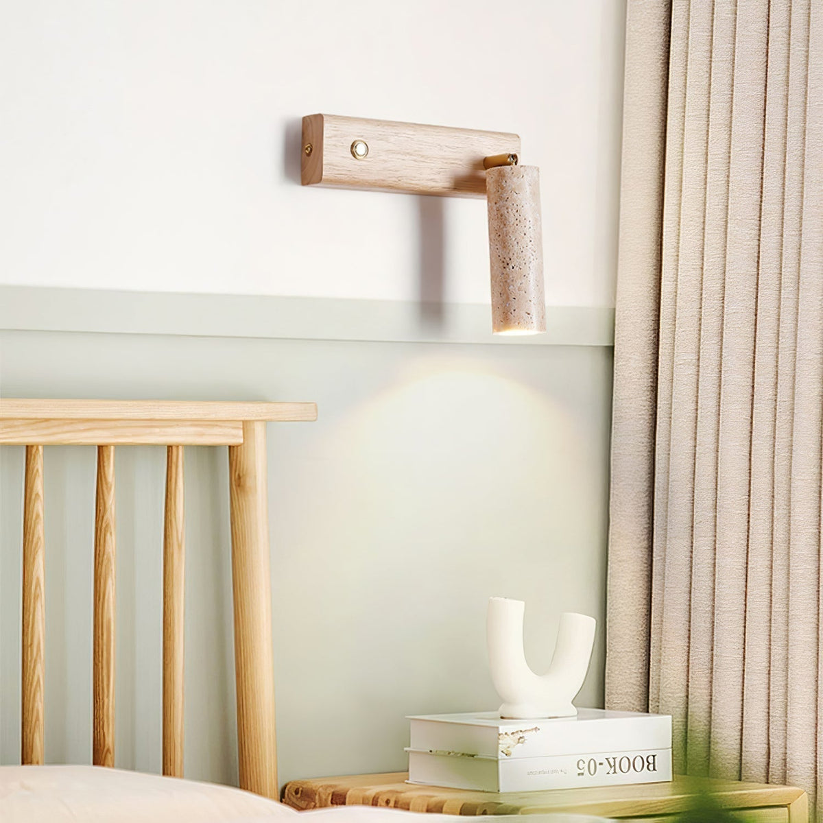 Cylindrical Travertine Wall Sconce with Integrated LED – Natural Stone & Walnut Accent Lighting for Modern Interiors | Thomler
