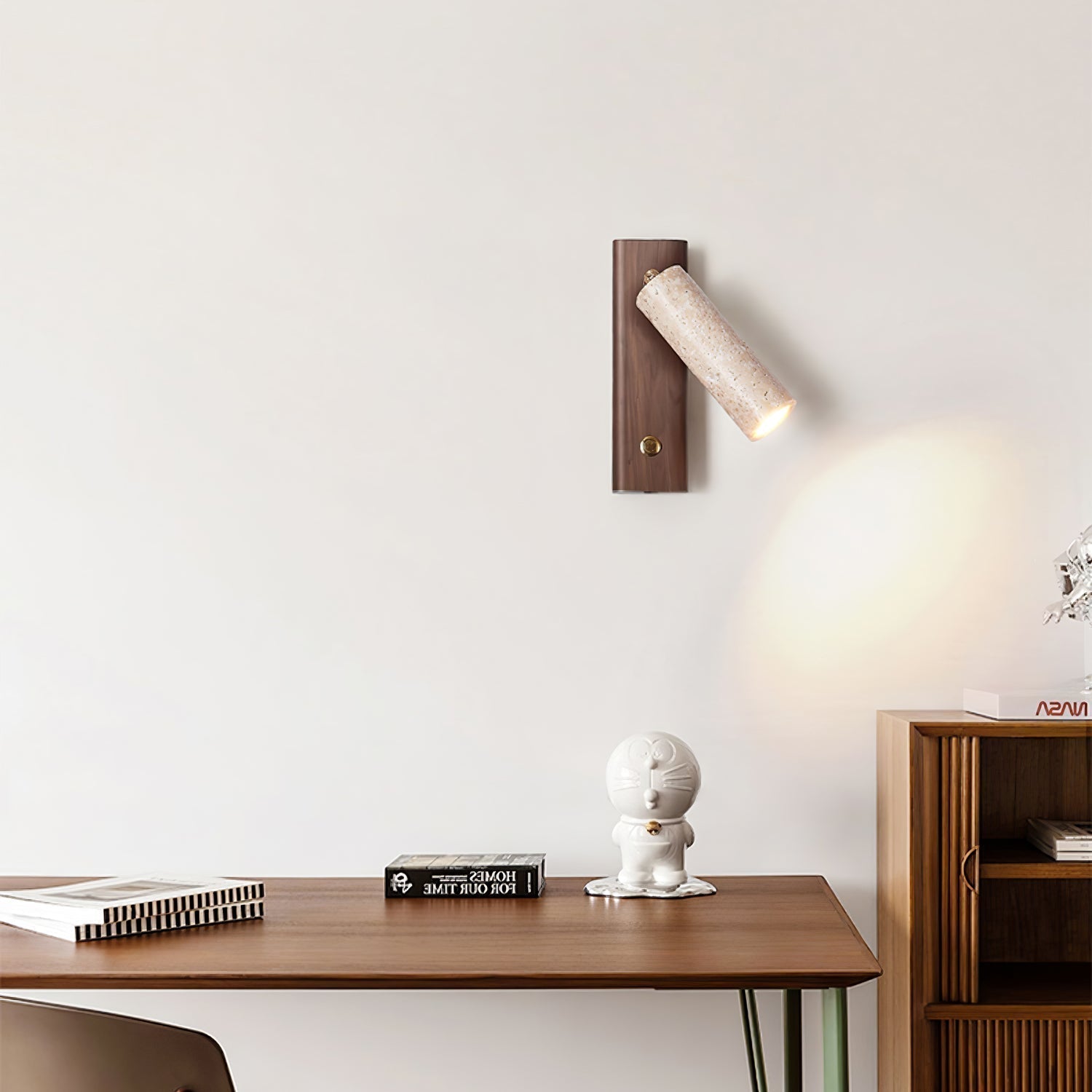 Cylindrical Travertine Wall Sconce with Integrated LED – Natural Stone & Walnut Accent Lighting for Modern Interiors | Thomler