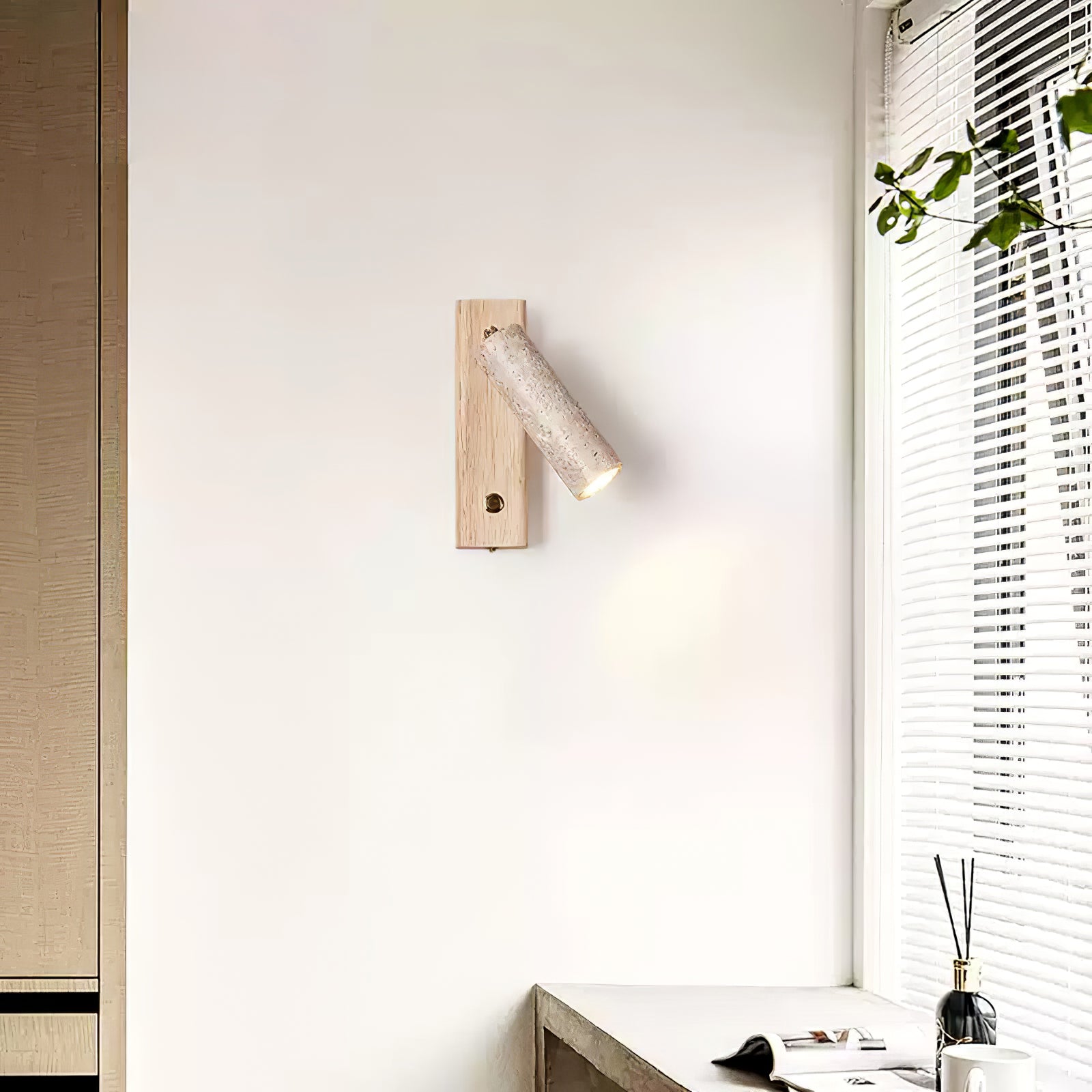 Cylindrical Travertine Wall Sconce with Integrated LED – Natural Stone & Walnut Accent Lighting for Modern Interiors | Thomler