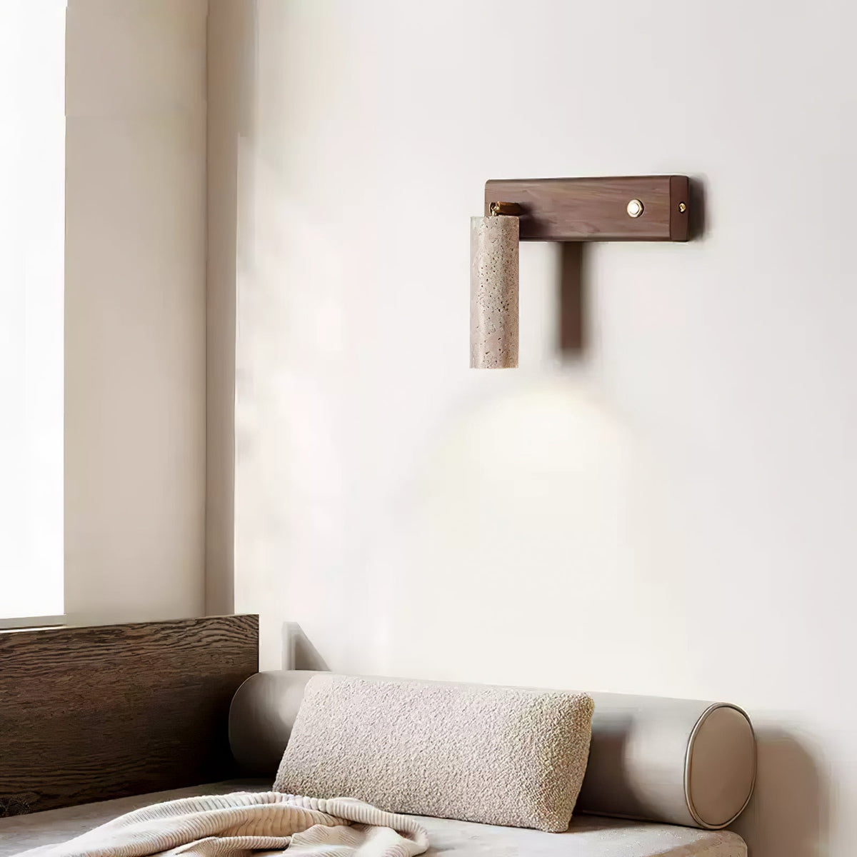 Cylindrical Travertine Wall Sconce with Integrated LED – Natural Stone & Walnut Accent Lighting for Modern Interiors | Thomler