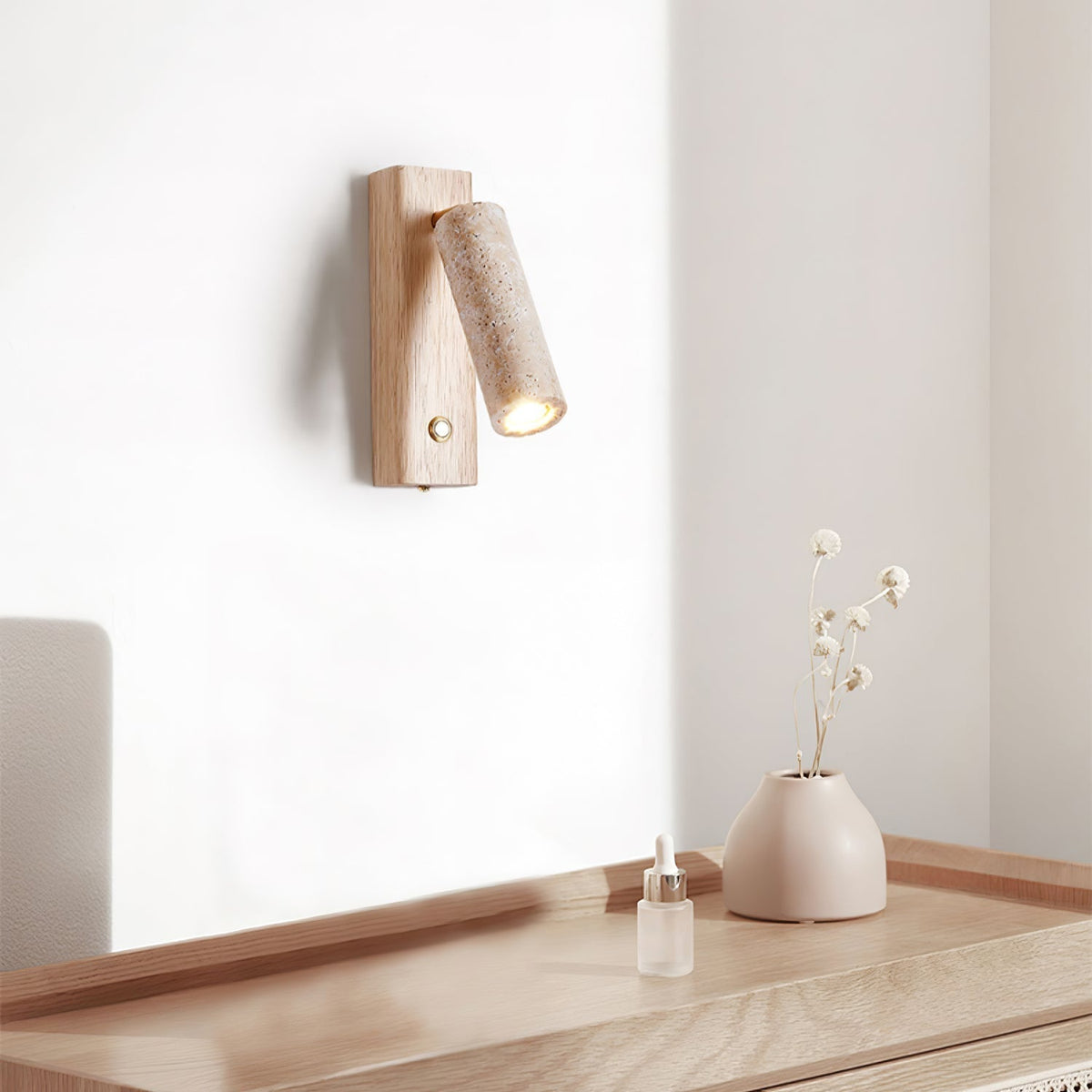 Cylindrical Travertine Wall Sconce with Integrated LED – Natural Stone & Walnut Accent Lighting for Modern Interiors | Thomler
