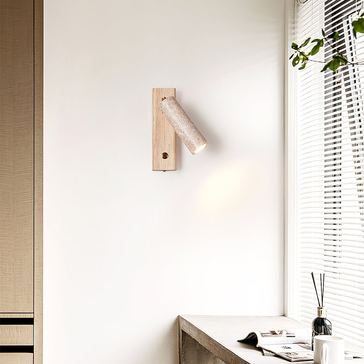 Cylindrical Travertine Wall Sconce with Integrated LED – Natural Stone & Walnut Accent Lighting for Modern Interiors | Thomler