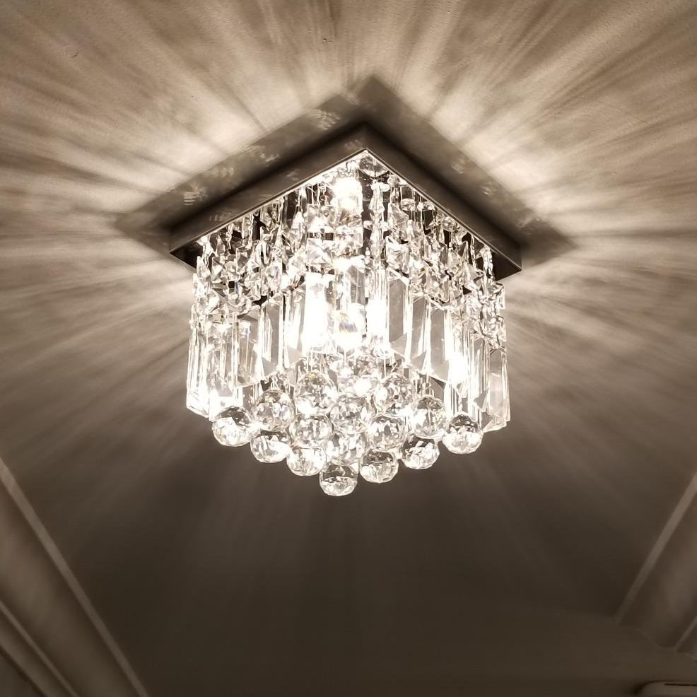 Compact Crystal Ceiling Light Chrome Finish Flush Mount Square Design for Hallway Bedroom Kitchen Entry | Thomler