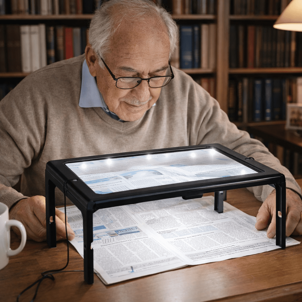 Folding Desktop Magnifier with Built-In LED Light for Reading Books and Small Print | Hands-Free 3X Magnification Lens for Crafts Hobbies | Thomler