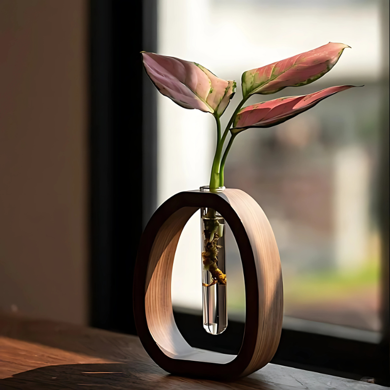 Glass Vase Plant Holder with Wooden Frame Stand for Hydroponics & Cuttings | Desktop Terrarium Display for Home Decor, Living Room & Office | Thomler