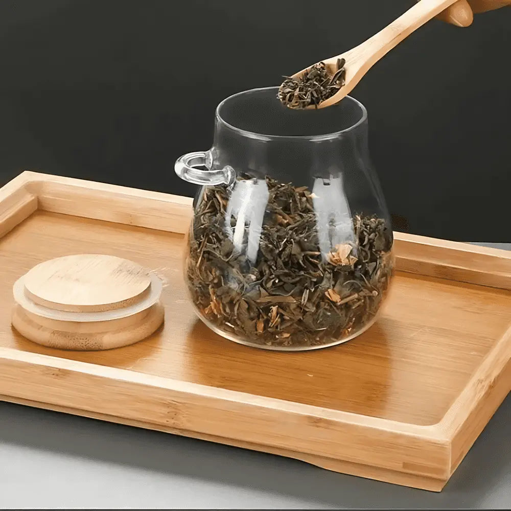 Storage Jar Glass Airtight Bamboo Lid Tea Coffee Kitchen Organiser Dry Food Canister With Spoon | Thomler