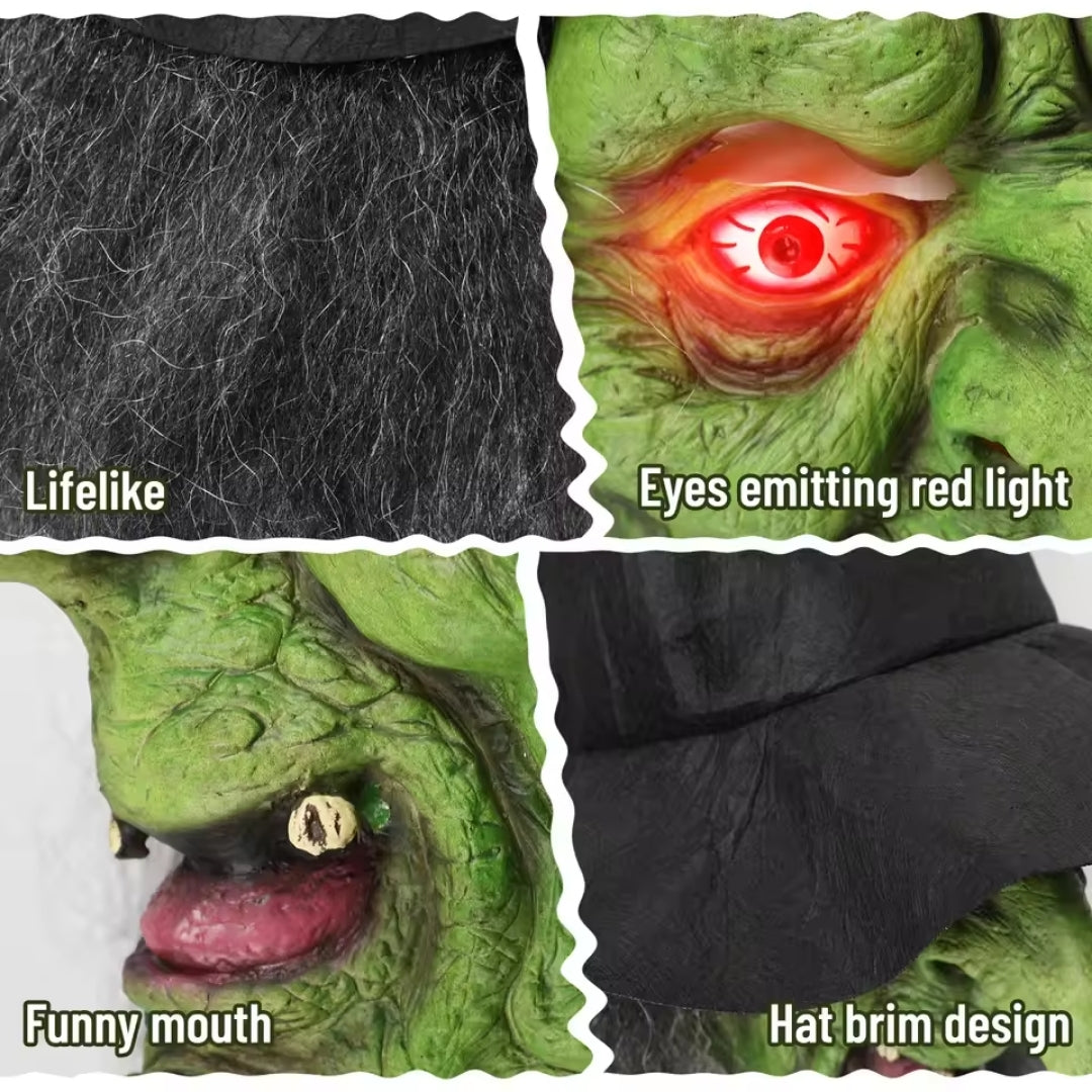 Glowing Eyes Witch Halloween Mask with Hat Hair Glasses Full Costume Accessory Creepy Old Hag Character Polyester Mask Horror Party | Thomler