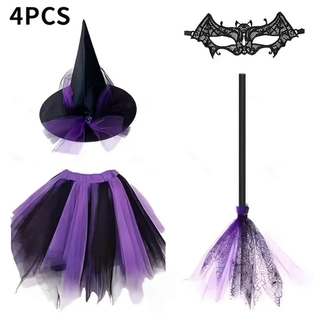 Adult Witch Costume with Hat, Lace Eye Mask & Broom – 4-Piece Halloween Outfit | Thomler