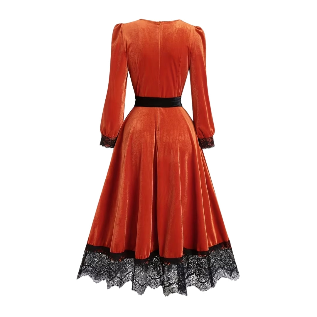 Plunge Neckline Witch Costume Dress with Lace Trim and Corset Waist for Halloween | Thomler