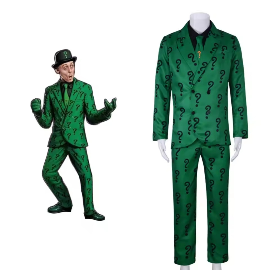 Enigma Villain Full Suit with Derby Hat – Men's Four-Piece Question-Mark Character Cosplay for Comic Cons & Parties | Thomler
