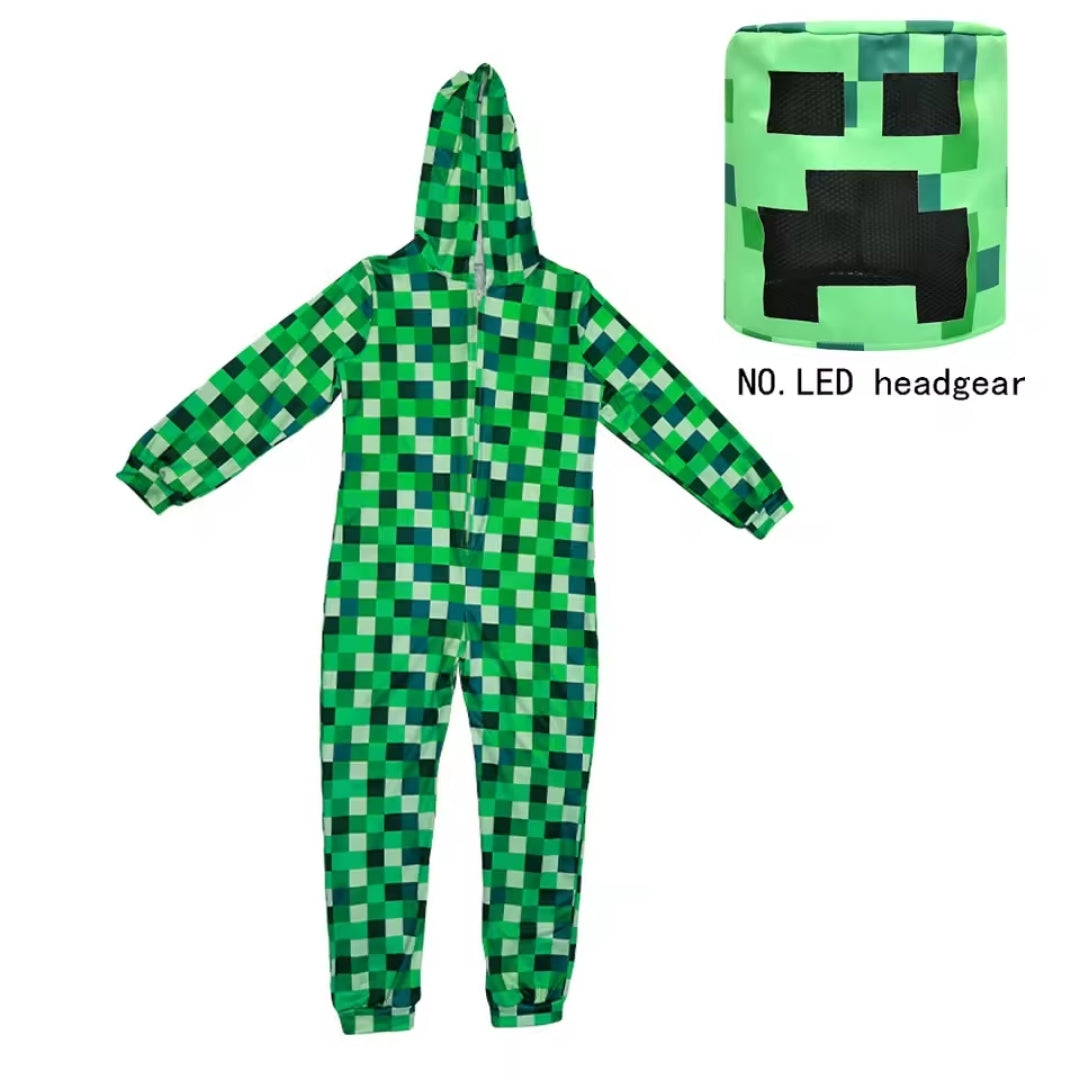 Block-Style Monster Bodysuit with Glowing Headpiece for Kids – Halloween Costume with Optional LED Feature | Thomler