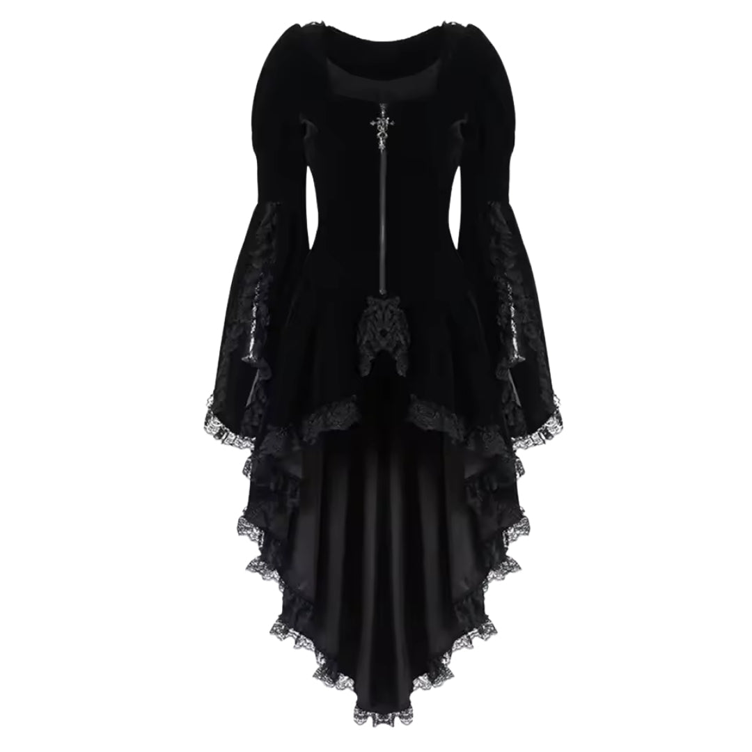 Gothic Witch Costume Dress with Lace Trim – Velvet Halloween Gown for Women, Medieval Fantasy Cosplay, Renaissance Festival, Victorian | Thomler