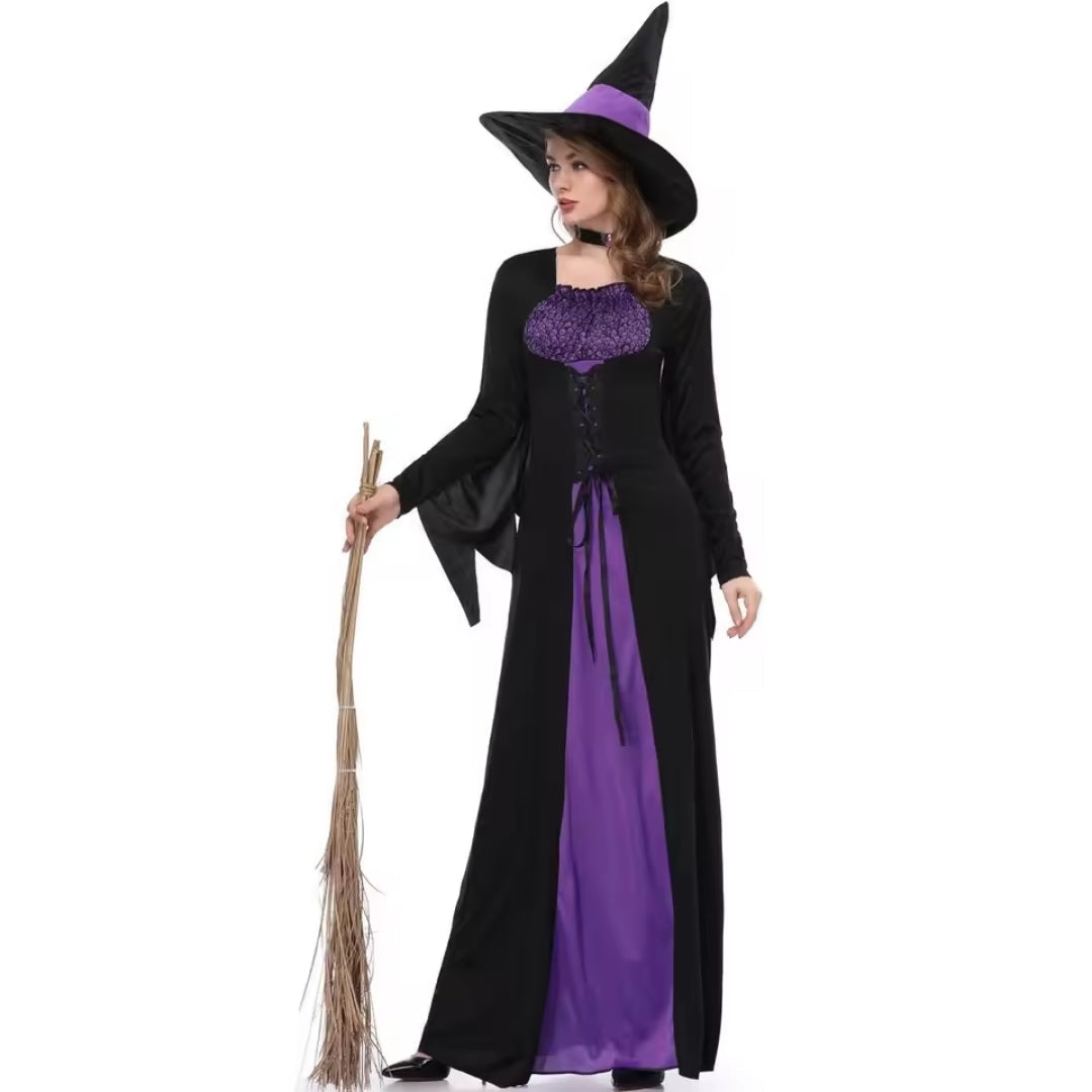Gothic Sorceress Costume Dress with Pointed Hat – Black & Purple Witchy Outfit for Halloween, Cosplay & Themed Parties | Thomler