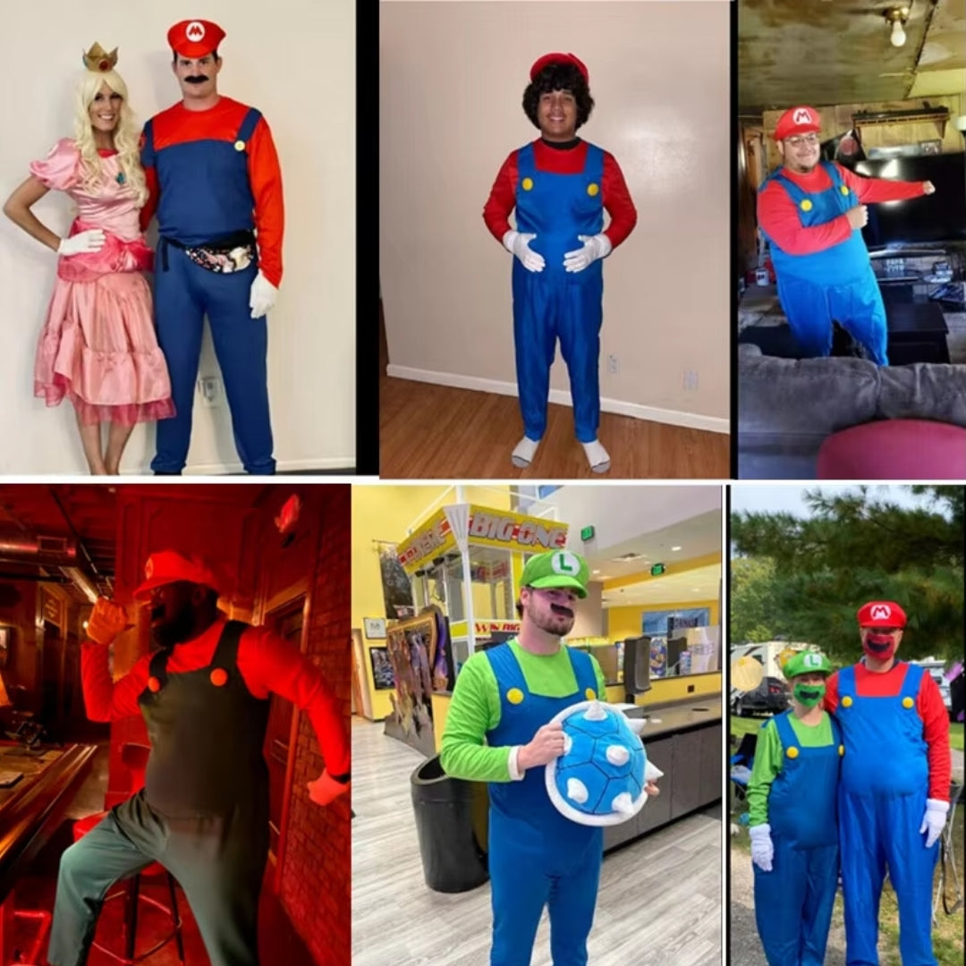 Iconic Video Game Plumber Duo Costume Set with Jumpsuit, Hat & Mustache for Adults | Thomler