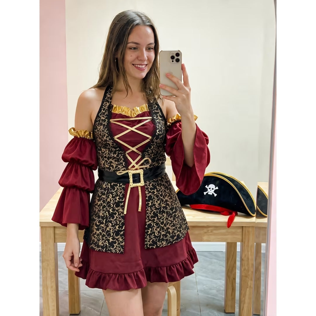 Women's Swashbuckler Captain Dress Costume – Vintage-Style Buccaneer Outfit with Lace-Up Bodice & Flared Sleeves for Halloween, Cosplay | Thomler