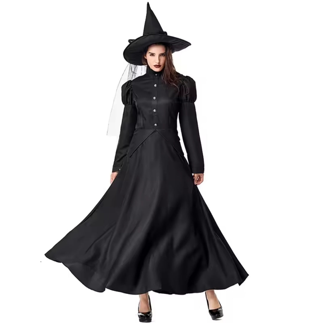 Classic Witch Costume Long Black Dress for Halloween Cosplay Parties & Dress-Up Events | Thomler