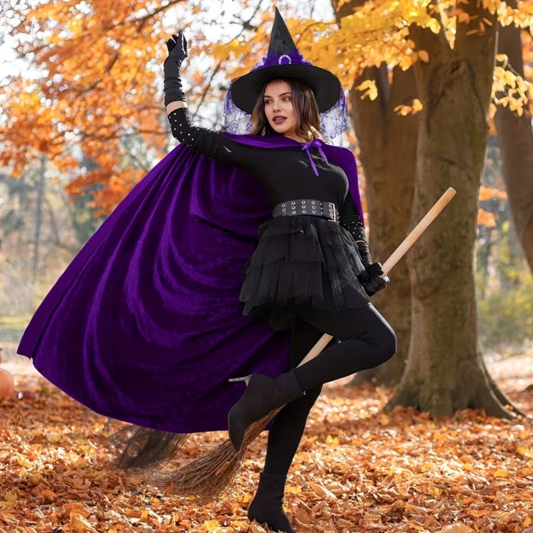 Sorceress Cloak & Hat Set – Deep Violet Velvet Fantasy Costume for Halloween Parties | Thomler