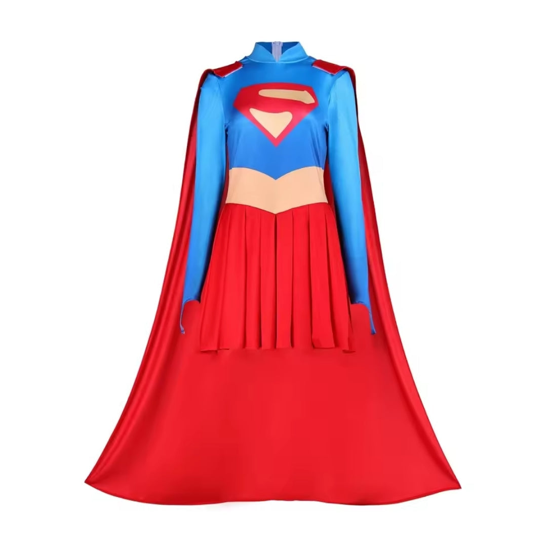 Flying Hero Jumpsuit Costume with Flowing Cape for Women – Full-Body Red & Blue Outfit | Thomler