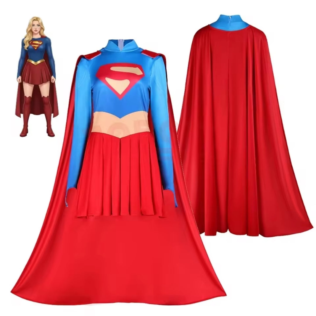 Flying Hero Jumpsuit Costume with Flowing Cape for Women – Full-Body Red & Blue Outfit | Thomler
