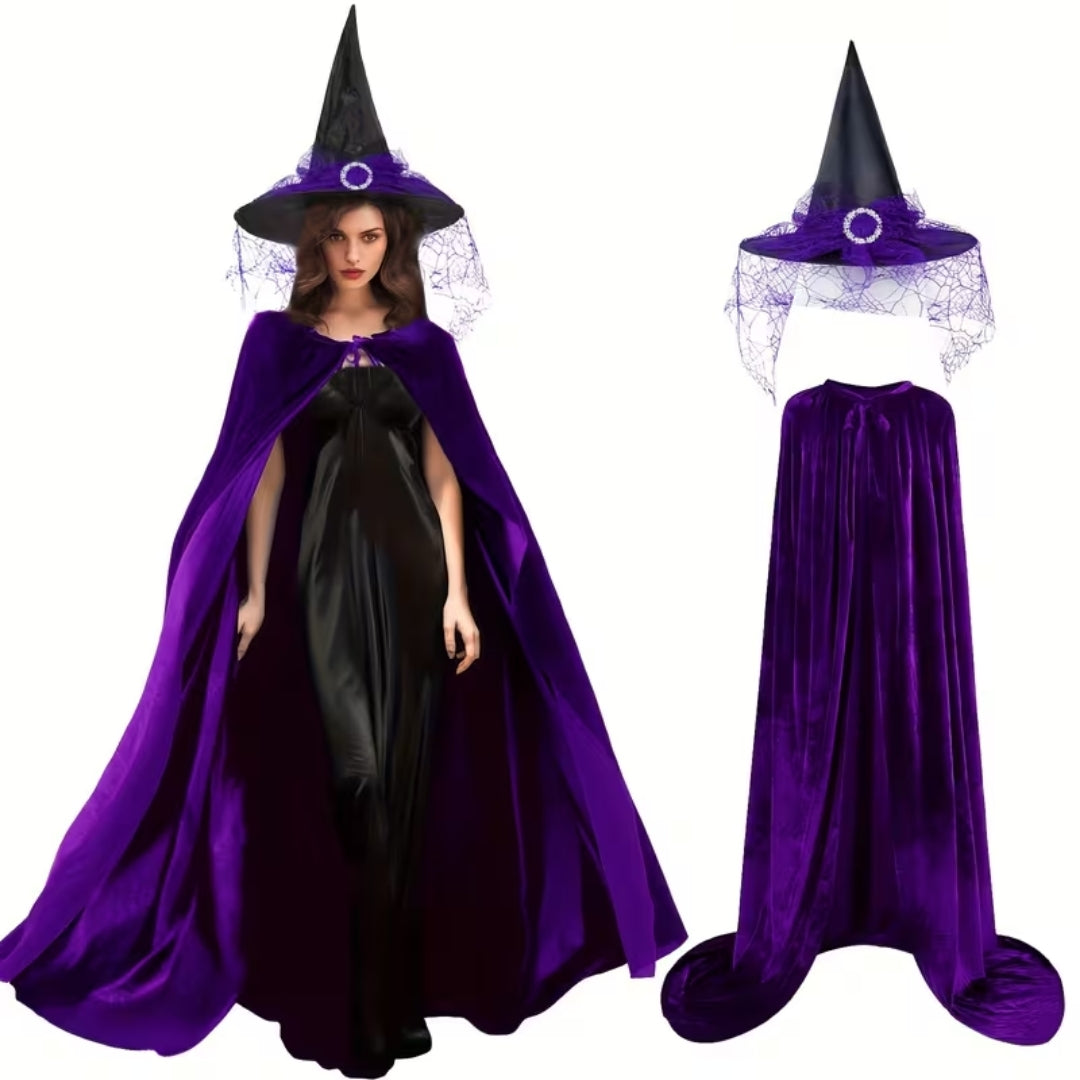 Sorceress Cloak & Hat Set – Deep Violet Velvet Fantasy Costume for Halloween Parties | Thomler