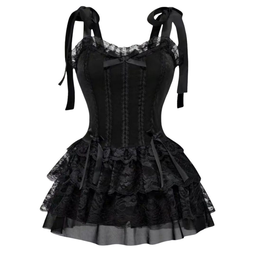 Gothic Lace Corset Dress with Layered Skirt & Bow Details for Costume Parties, Halloween, Renaissance Fairs & Vintage Cosplay | Thomler