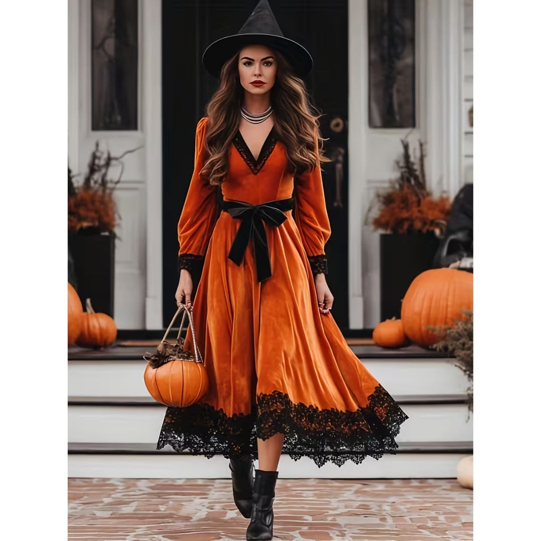 Plunge Neckline Witch Costume Dress with Lace Trim and Corset Waist for Halloween | Thomler