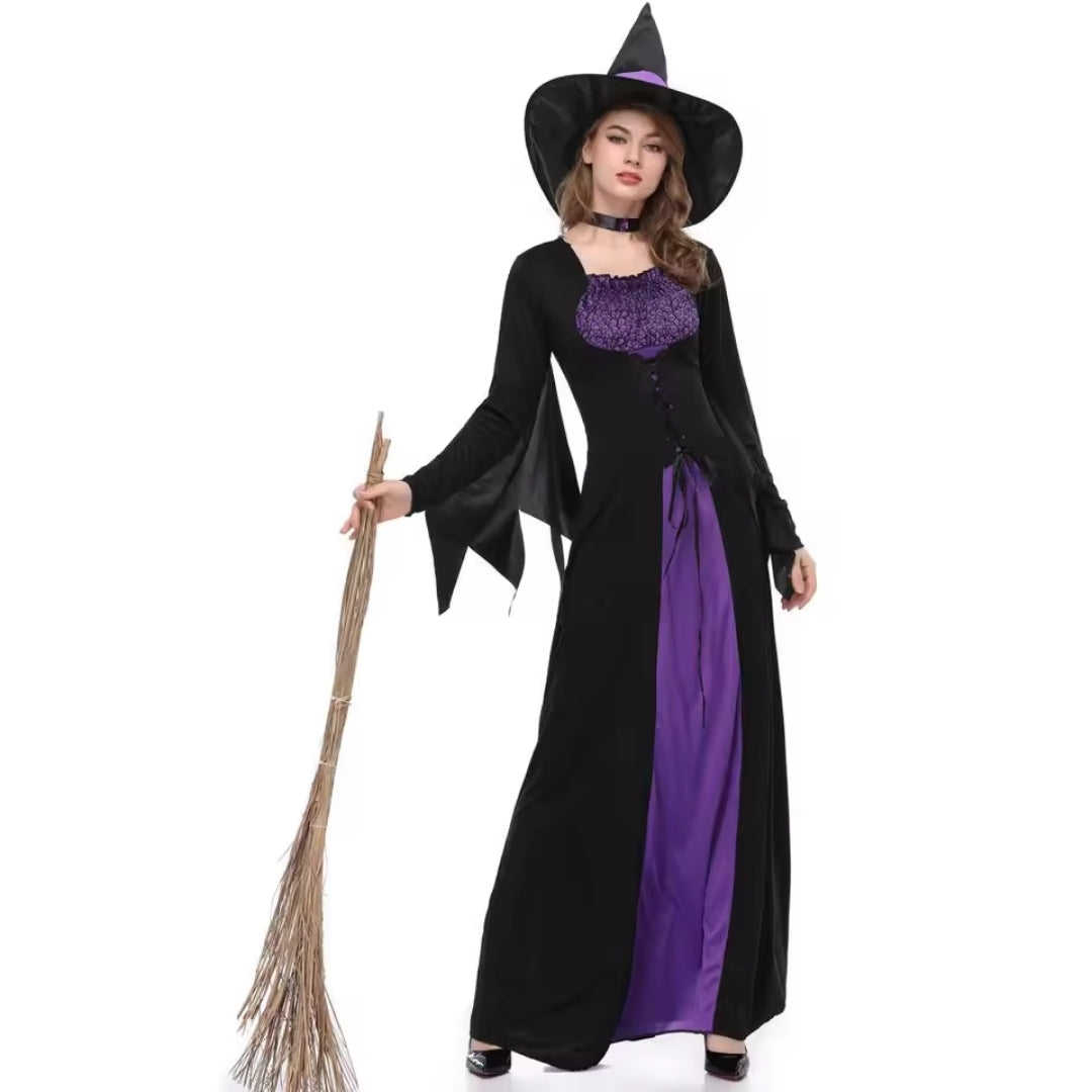 Gothic Sorceress Costume Dress with Pointed Hat – Black & Purple Witchy Outfit for Halloween, Cosplay & Themed Parties | Thomler