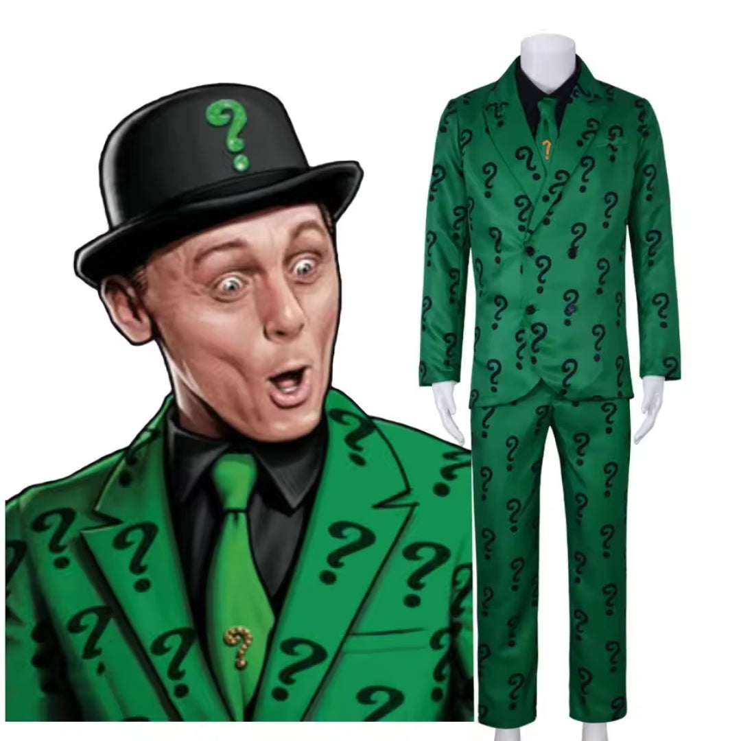Enigma Villain Full Suit with Derby Hat – Men's Four-Piece Question-Mark Character Cosplay for Comic Cons & Parties | Thomler