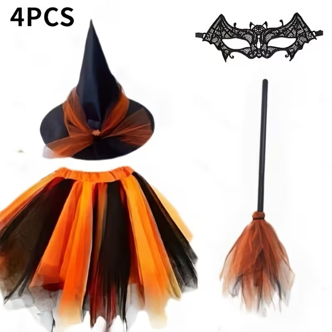 Adult Witch Costume with Hat, Lace Eye Mask & Broom – 4-Piece Halloween Outfit | Thomler